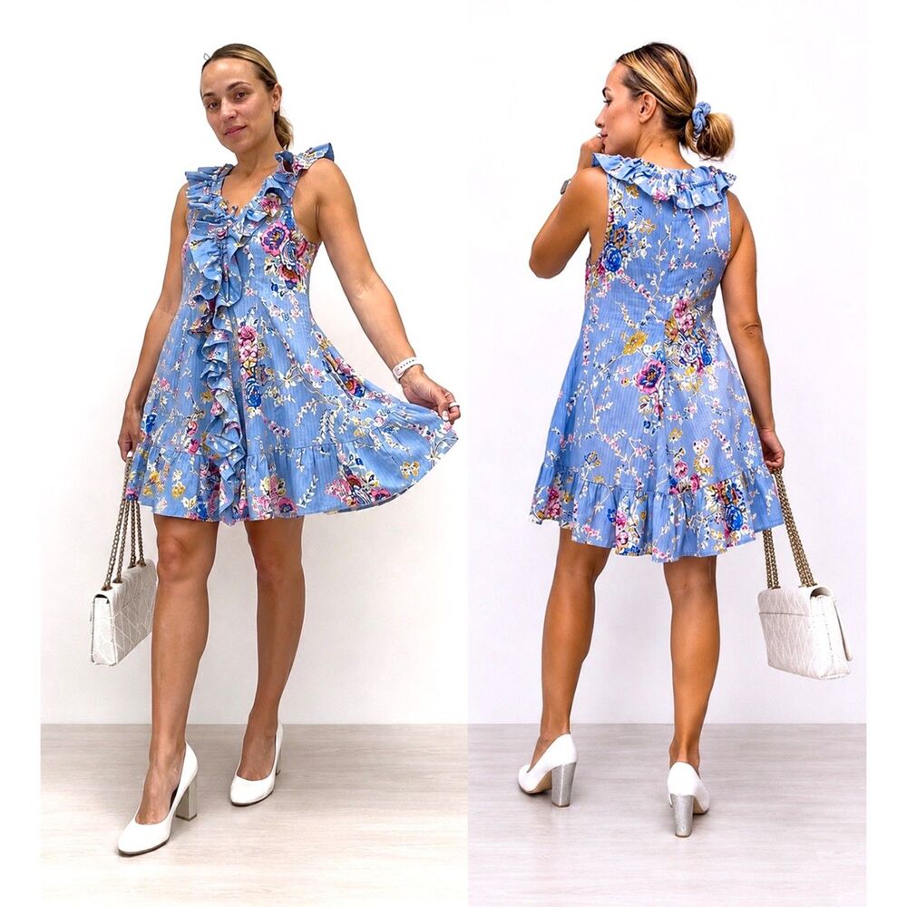 Caroline Constas Blue Floral Ruffle Cotton Mini Dress Kylah Print XS NWT